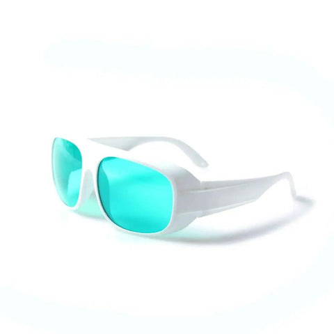 Hardcore Laser Safety Glasses Red Beam Protection OD4 Plus 620 To 700 Nm Range LB4 Certified with white frame and blue lenses