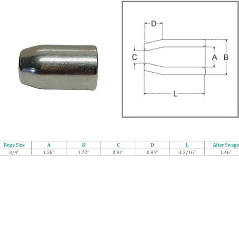 Top Shelf Marine Grade Stainless Steel 316 Flemish Swage Sleeves For Heavy Duty Wire Rope Crimping 4 Piece Kit close-up of sleeve dimensions.