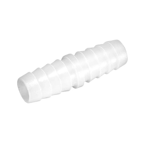 White plastic hose barb fitting, 3/8 in x 3/8 in barbed splicer adapter