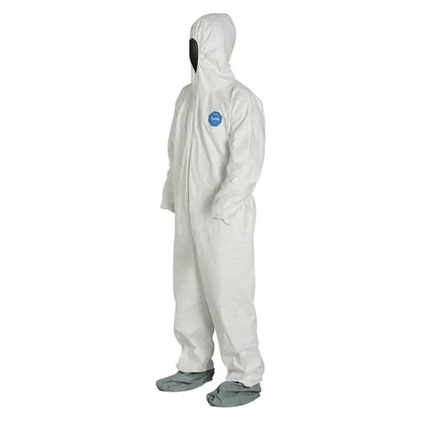 Disposable Protective Coverall With Elastic Cuffs, Attached Hood And Boots, White, Large, 25 Pack, side view