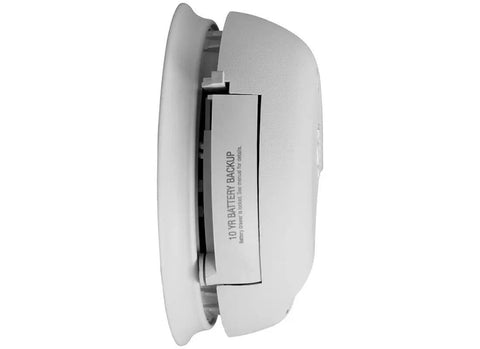 Side view of Hard Wired Smoke And Carbon Monoxide Detector With 10 Year Battery Backup, showing ionization sensor and battery compartment.