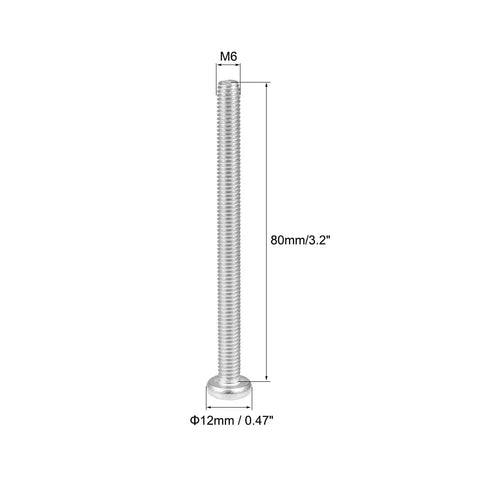 Premium M6x80mm Machine Screws Made From Dang Tough 304 Stainless Steel, showing dimensions and smooth pan head detail.
