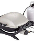 Propane Hose 1lb To 20lb Adapter For 12 Foot Connection attached to a grill with large LP tank, Safe Flow, for Weber Q Grills