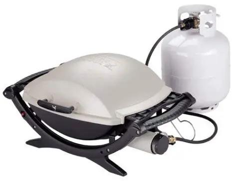 Propane Hose 1lb To 20lb Adapter For 12 Foot Connection attached to a grill with large LP tank, Safe Flow, for Weber Q Grills