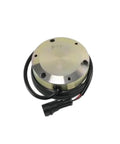 Front view of round metal electromagnetic forklift brake with attached wiring harness.