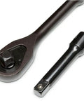 20 Piece X10 3 8 Inch Drive 6 Point Mechanics Tool Set For SAE And Metric With Crestoloy Alloy Steel And Black Manganese Finish Built For Pros And DIY Gearheads, featuring ratchet and extension bar close-up.
