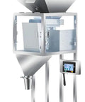 High Speed Electric 2 Head Linear Weigher Machine Automatic Weighing Wrapping Filling Packing System for Milk Powder Coffee And Food Cartons With Conveyor Belt Integration showcasing a stainless steel design with control display.