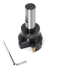 Oscarbide indexable end mill, side view, 3/4 in shank, 2 in cutting diameter, 3-3/4 in OAL, 3-flute TP32 carbide inserts