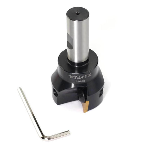 Oscarbide indexable end mill, side view, 3/4 in shank, 2 in cutting diameter, 3-3/4 in OAL, 3-flute TP32 carbide inserts