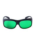 Badass Red Laser Protective Glasses With Heavy Duty OD6 Plus Optical Density Coverage For 620 To 700 Nm Wavelengths And Premium Clear Lens Safety Optics For Workshops And Labs, black frame with green lenses.