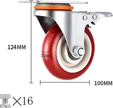 Heavy Duty Polyurethane Brake Caster Set Universal Mounting Plates measuring 124MM total height with 100MM red wheel for office chairs.