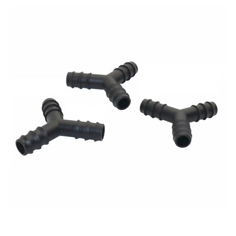 Half Inch Three Way Hose Connector Set For Drip Irrigation And Garden Systems, 100 Pieces Black Plastic Fittings on white background