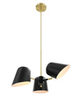 Briana 3 Light Pendant Ceiling Light In Black Finish, Mid Century Modern Chandelier With Metal Shades, 25.5"W x 64.5"H, brushed brass rod