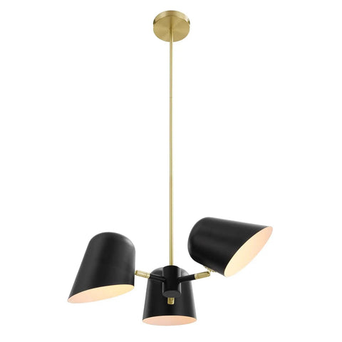 Briana 3 Light Pendant Ceiling Light In Black Finish, Mid Century Modern Chandelier With Metal Shades, 25.5"W x 64.5"H, brushed brass rod