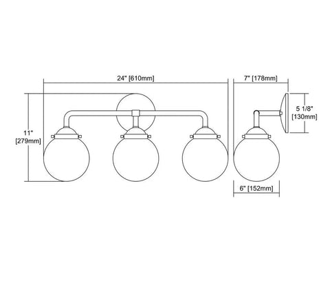 Diagram of Beckett 3-Light Bath Vanity Light In Oil Rubbed Bronze With White Glass Shades, 24x11 inches, 7-inch extension.