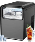 Self Cleaning Countertop Ice Maker Generates Bullet Shaped Cubes In Under 6 Minutes Delivers 26 Pounds Of Fresh Ice Daily, black design with a drink.