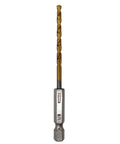 Pack of 6 1/8-Inch Titanium Nitride Coated Drill Bits With 1/4 Inch Hex Shank, shown in close-up with TiN coating detail