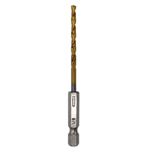 Pack of 6 1/8-Inch Titanium Nitride Coated Drill Bits With 1/4 Inch Hex Shank, shown in close-up with TiN coating detail