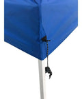 Close-up of 10x10 Slant Leg Pop Up Canopy Replacement Roof Top For Outdoor Use Built To Last 100 Percent Polyester Weather Resistant Shade With Fifty Plus UV Protection Waterproof Cover Blue For Backyard Beach Flea Market showing corner detail in blue polyester.