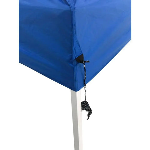 Close-up of 10x10 Slant Leg Pop Up Canopy Replacement Roof Top For Outdoor Use Built To Last 100 Percent Polyester Weather Resistant Shade With Fifty Plus UV Protection Waterproof Cover Blue For Backyard Beach Flea Market showing corner detail in blue polyester.