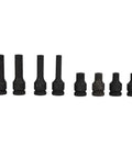 Eight Piece Socket Wrench Set Covering M12 To M18 Sockets In CR MO Steel With Durable Rust Resistant Finish, lined up horizontally