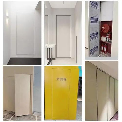 Rock Solid Heavy Duty Magnetic Access Door Panel Featuring Dead Simple Hidden Drywall Push Button Mechanism For Ceiling Or Wall Inspection Adjustable Aluminum Frame in various installations.