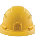 Front view of Vented Full Brim Hard Hat With Padded Comfort And Odor Resistant Self Wicking Sweatband For All Day Wear Yellow Safety Helmet With Adjustable Ventilation ANSI Z89 1 Type 1 Class C CSA EN Certifications.