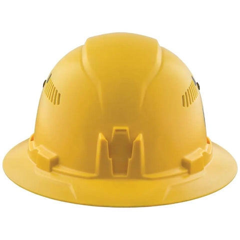 Front view of Vented Full Brim Hard Hat With Padded Comfort And Odor Resistant Self Wicking Sweatband For All Day Wear Yellow Safety Helmet With Adjustable Ventilation ANSI Z89 1 Type 1 Class C CSA EN Certifications.