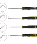 4-piece precision pick and hook tool set with non-slip black-yellow handles; chrome-plated steel tips.