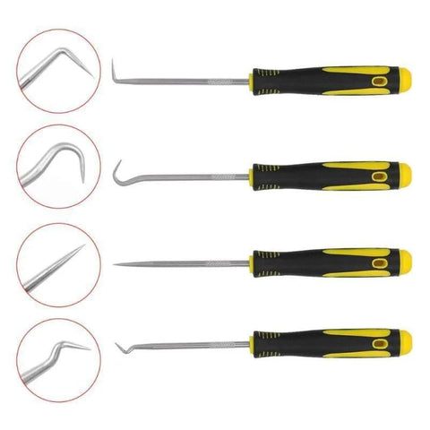 4-piece precision pick and hook tool set with non-slip black-yellow handles; chrome-plated steel tips.