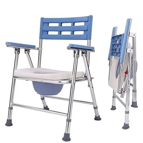 Slick Portable Commode Chair With Smooth Rolling Wheels Extra Wide Comfy Seat Detachable Waste Bucket And Foot Pedal No Sweat Setup, blue frame.