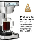 Front view of 12 Cup Coffee Maker With Podless Single Serve Function In Silver Heats Water To 194 To 205 F, showing SCA certification.
