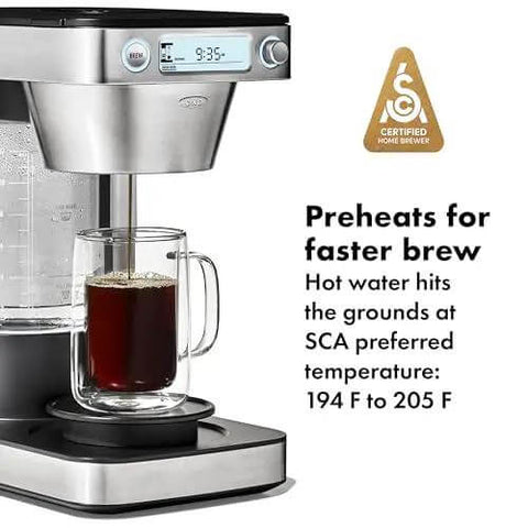Front view of 12 Cup Coffee Maker With Podless Single Serve Function In Silver Heats Water To 194 To 205 F, showing SCA certification.