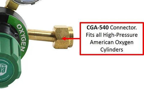 Close-up of oxygen regulator with green knob and brass CGA-540 connector.