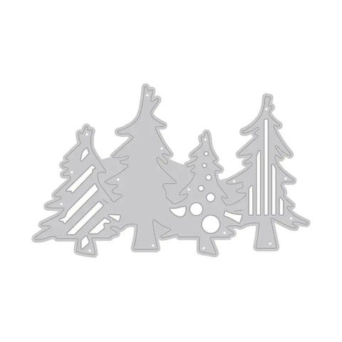 Christmas Tree Die Set For Card Making And Scrapbooking, metal cutting dies in silver, showing tree silhouettes for paper craft projects.