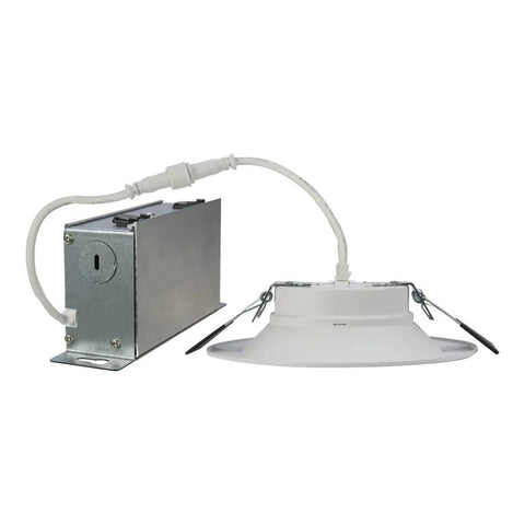 Side view of Canless LED Recessed Light 6 Inch, 4 Pack, Wet Rated With Mounting Frame, Triac Dimming, White, showing wiring and housing unit.