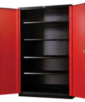 Heavy Duty Modular Utility Cabinet Sized At 36 By 24 By 78 Inches With Adjustable Steel Shelving And Custom Workbench Base, open view showing red doors and black body.