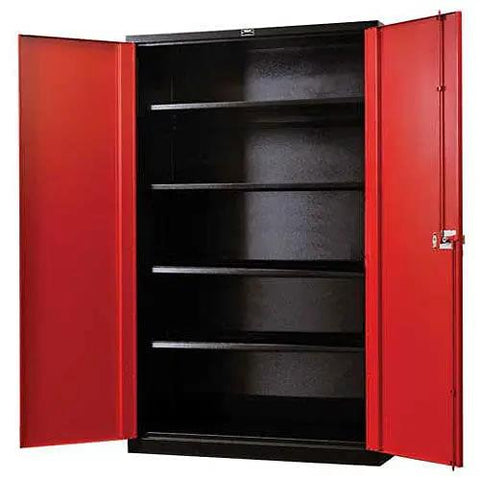 Heavy Duty Modular Utility Cabinet Sized At 36 By 24 By 78 Inches With Adjustable Steel Shelving And Custom Workbench Base, open view showing red doors and black body.