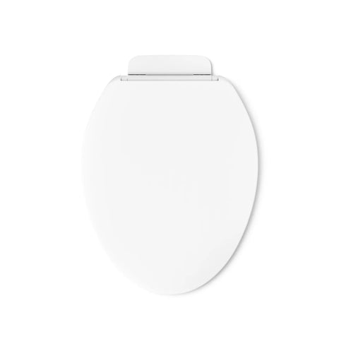 No Sweat Quiet Close Elongated Toilet Seat In Crisp White With Grip Tight Bumpers And Slam Prevention Hinges for smooth installation.
