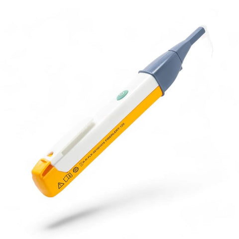 Fluke Networks FiberLERT-125 fiber optic tester, white body with yellow strip and gray probe.