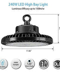 LED High Bay Light 240W UFO Style Shop Light With 36000 Lumens showing dimensions and certifications, black housing.