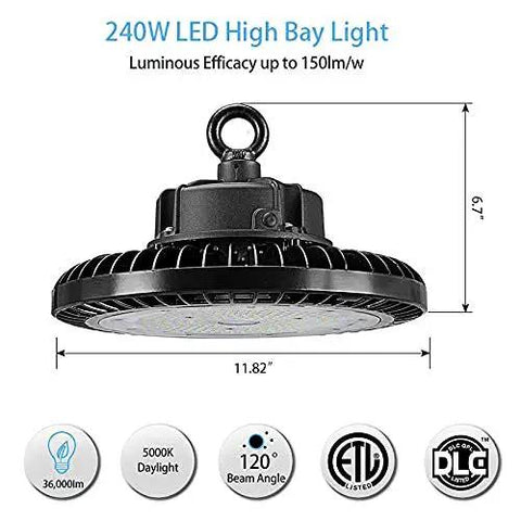 LED High Bay Light 240W UFO Style Shop Light With 36000 Lumens showing dimensions and certifications, black housing.
