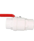 Rock Solid White Pvc Ball Valve Leak Proof Plumbing Connector Featuring Smooth Turn Handle Built Tight Water Shut Off Fitting For Home And Workshop Pipes side view with red handle