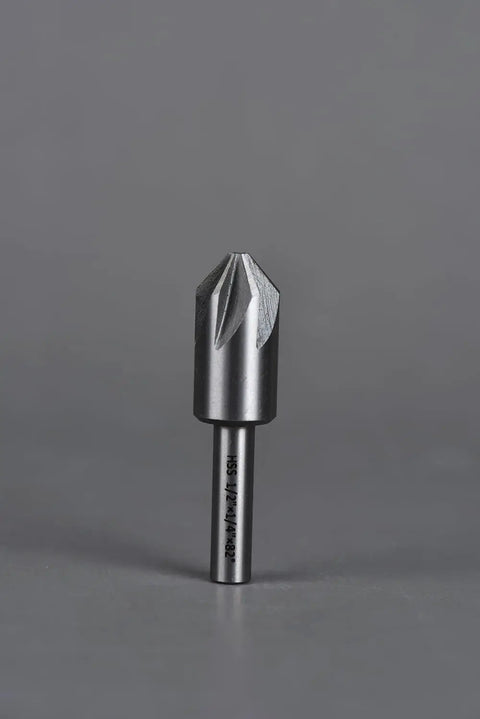 Close-up of a single drill bit from the Five Piece Countersink Drill Bit Set, 82 Degree, Six Flute, HSS Round Shank, Precision Ground.