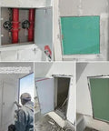 Adjustable Drywall Access Panel With Keyed Lock And Fire Rated Aluminum Shell hidden door shown in wall installations and plastering.