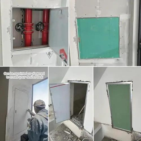 Adjustable Drywall Access Panel With Keyed Lock And Fire Rated Aluminum Shell hidden door shown in wall installations and plastering.
