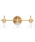 Front view of Gold 3 Light Vanity Light Fixture Over Mirror With Globe Clear Glass Shades for bathroom, sleek minimalist design