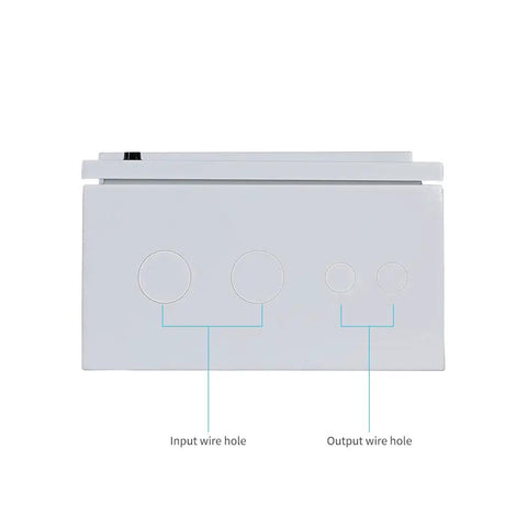 Straight Up Heavy Duty Five String Solar Pv Combiner Box With Built In Din Rail And Circuit Breaker For Off Grid Arrays showing input and output wire holes.