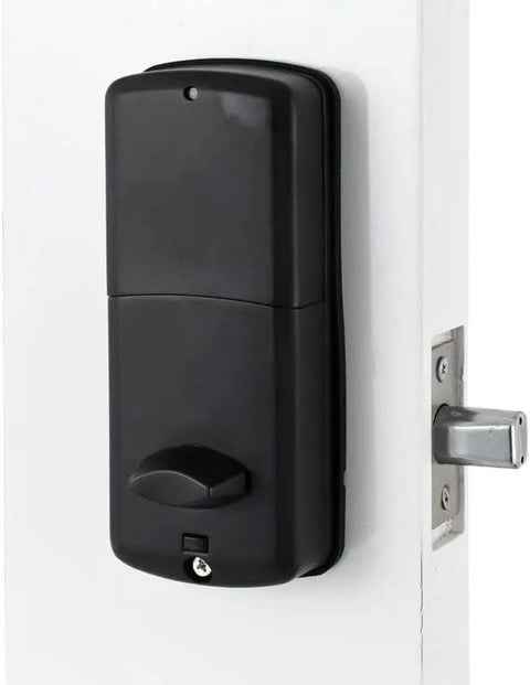 Built Tough Zinc Alloy Electronic Deadbolt Lock With A Slick Touchscreen Keypad Password Keyless Entry Setup mounted on a white door.