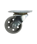 Side view of a 2 Inch Cast Iron Swivel Plate Caster with Silver Wheel and Heavy Duty Ball Bearing Mount 125 lb Load Capacity Per Caster.